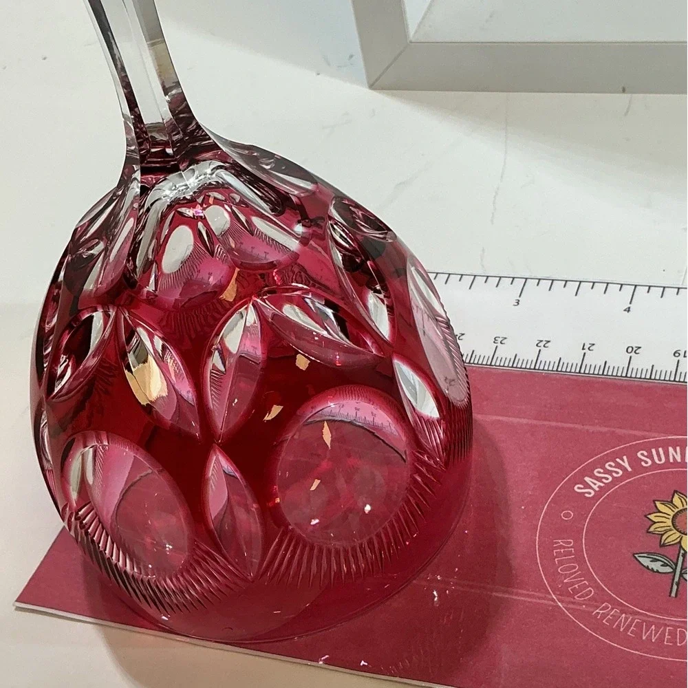 Vintage Cranberry Cut to Clear Crystal Wine Goblet Ruby Red Faceted Stem 7.75